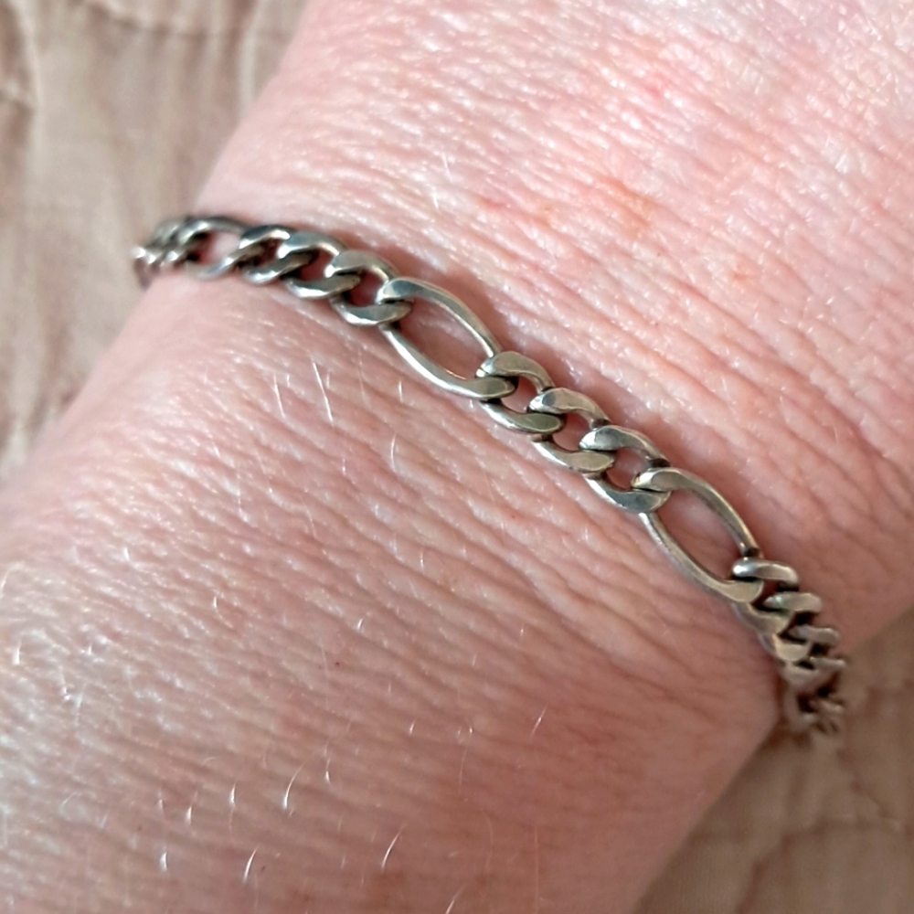 Antique Solid Sterling Silver Figaro Chain Bracelet From 1930s